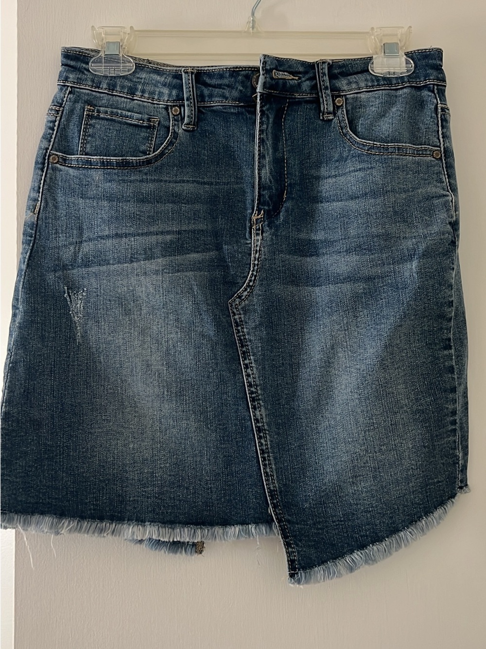 Classic Indigo Denim Mini Skirt with Frayed Asymmetrical Hem